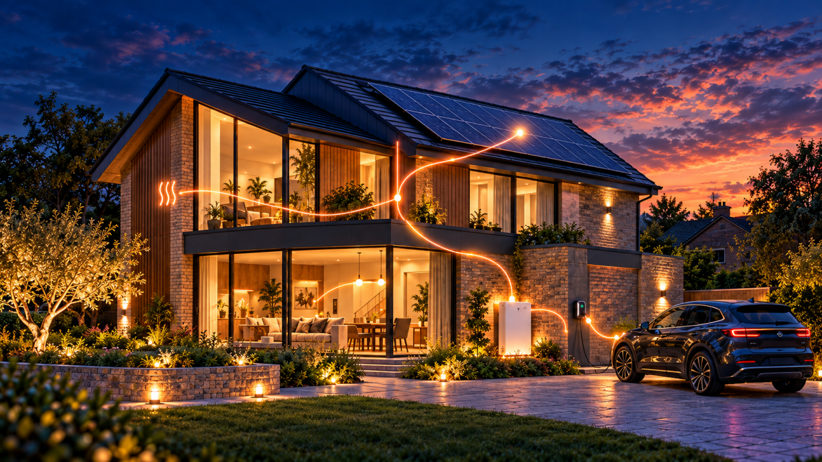 Illustration of a connected home with rooftop solar panels, battery storage, EV charging and smart heating.