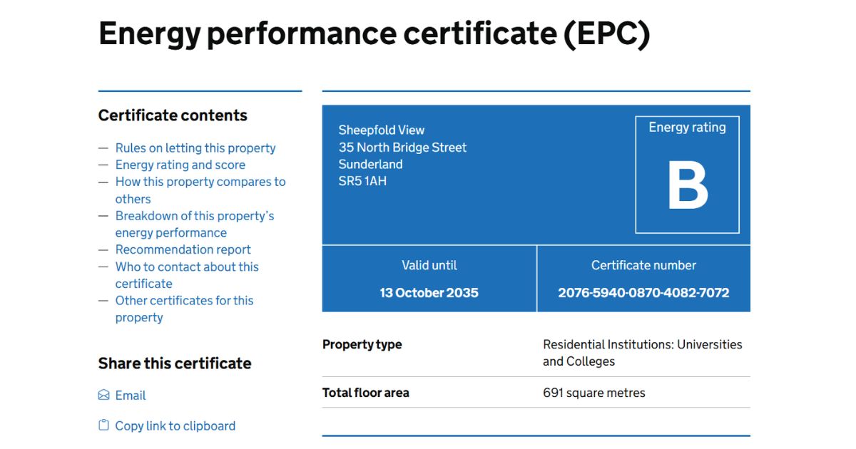 Certificado de eficiencia energética (EPC) que acredita una calificación energética B para el proyecto de calefacción por infrarrojos de 21 dormitorios en Sunderland.